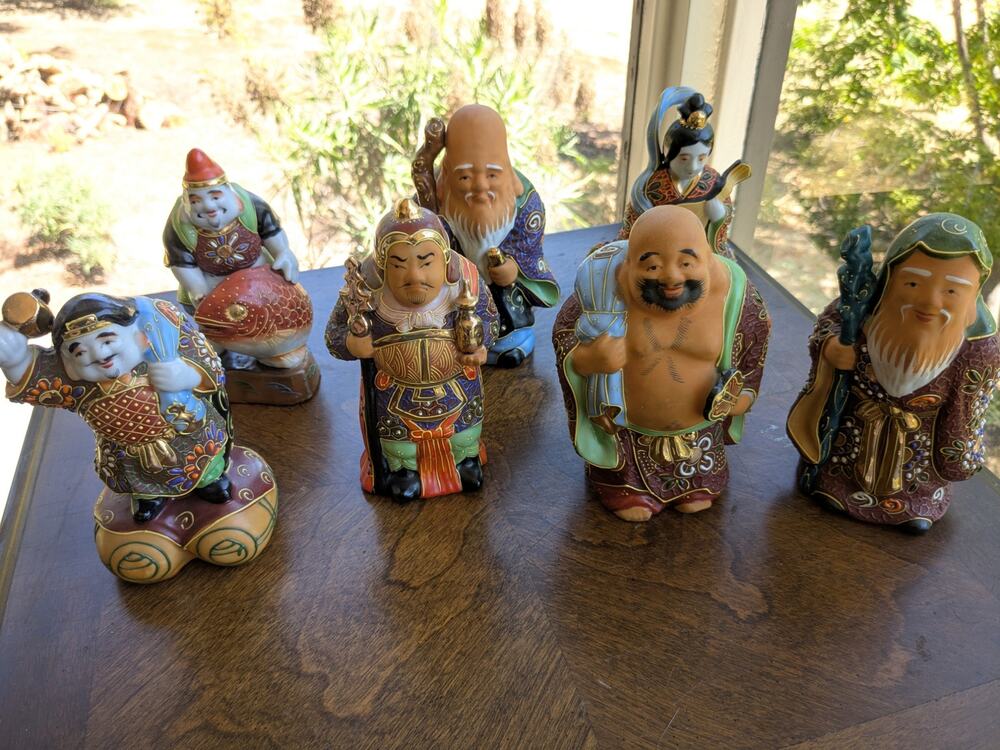Complete Set 7 Vintage Kutani Japanese Seven Lucky Gods Figures - Moriage 6"